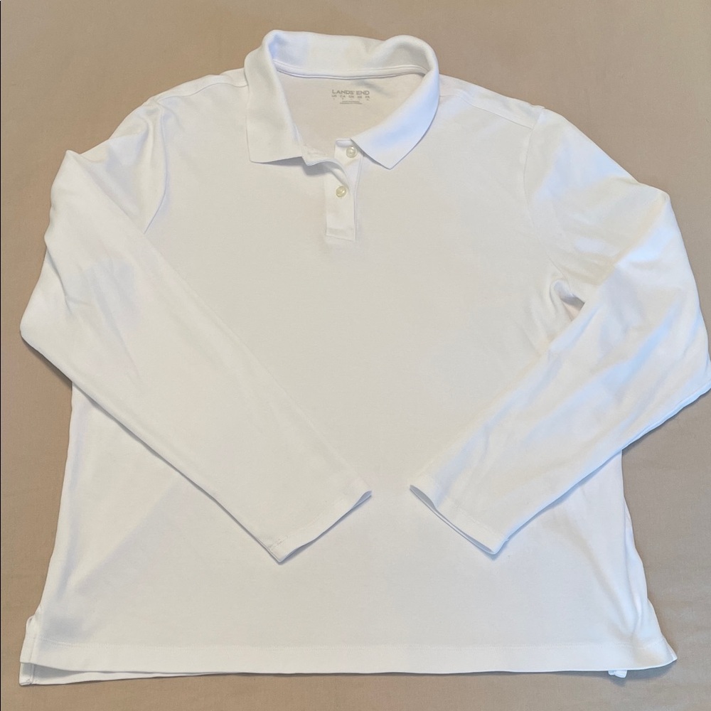 Land’s End Classic White Long Sleeve Polo Shirt SzL (14-16) 90s preppy casual